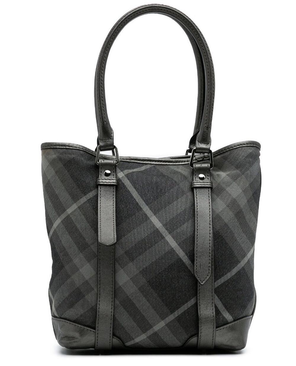 Burberry Shimmer Check Gray Canvas Leather Handle Shoulder Bag Authentic